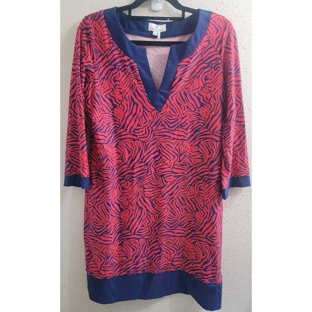 Jude Connally Size L Navy Red Patterned Shift Dress 3/4 Sleeve V Neck Office